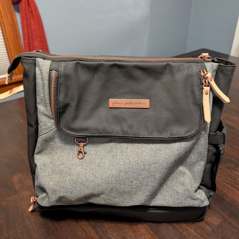 Petunia Pickle Bottom Pivot Black and Gray Diaper Bag, Rose Gold Hardware.